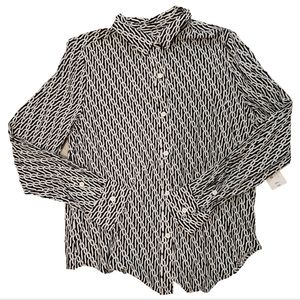 Liz Claiborne Navy White Chain Print Nautical long sleeve button down shirt NWT